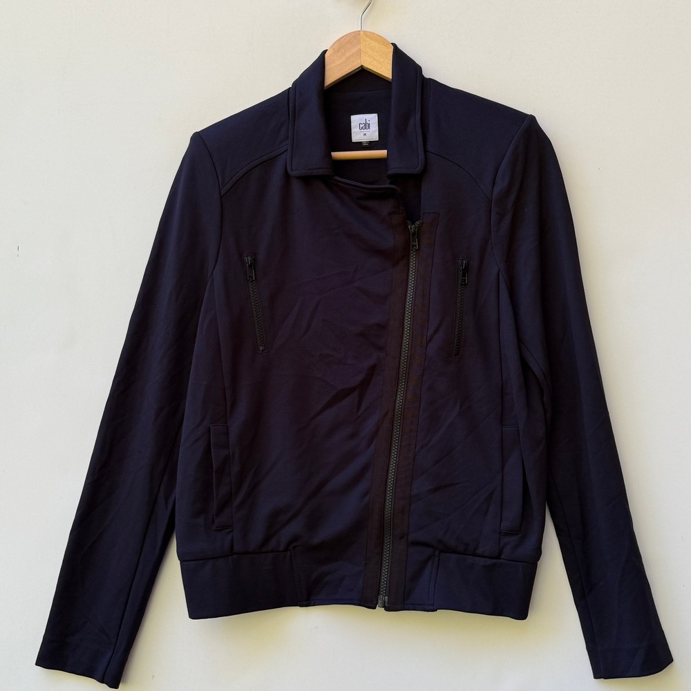Cabi Moto Jacket Women's Medium Navy Blue Stretch Knit Zip Up Knit Soft Casual - Picture 1 of 7
